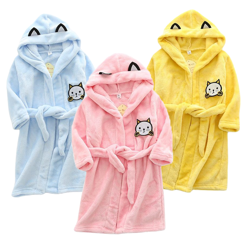 Winter Clothing Baby Boy - 子供の漫画猫ローブ新しい冬の女の赤ちゃんバスローブパジャマローブ子供のためのフランネルフード付きパジャマ男の子ホームウェア服
