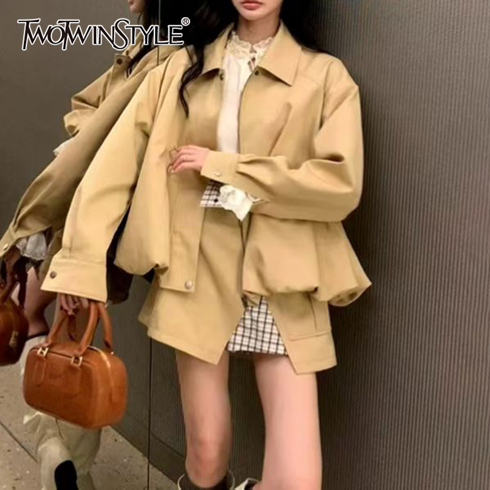 Winter Clothing Color - TWOTWINSTYLE カーキスプライスポケット ツーピースセット レディース ラペルロングスリーブジャケット ストリートウェア