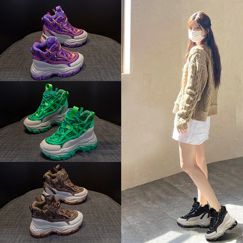 Winter Clothing Material - 2025年 レディース 隠しウェッジスニーカー 8.5CMソール 厚底プラットフォームシューズ グリッター