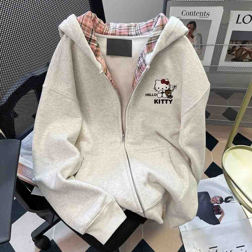 Winter Clothing Clearance Sale - ハローキティ女性のフード付きスウェットシャツかわいい漫画学生秋長袖ジッパートップ婦人服 Y2K プリントコート