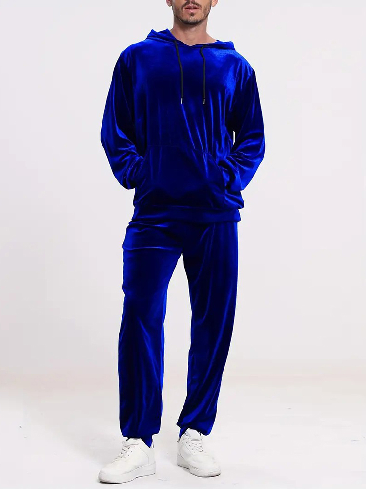 Winter Clothing Color - ファッション無地ベルベットツーピースセット メンズ秋冬カジュアル長袖フーディー＆パンツセットアップ メンズ服 ヴィンテージスーツ