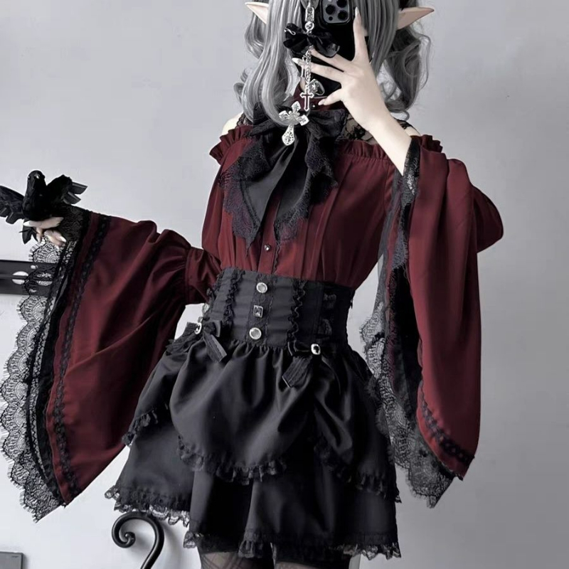 Winter Clothing Vintage - 女性用フラウンスカラー付きフレアブラウス,女性用スリムトップス,日本のビクトリア朝のヴィンテージ,ゴシックスタイル,カワイイ,ロリータスタイル,y2k