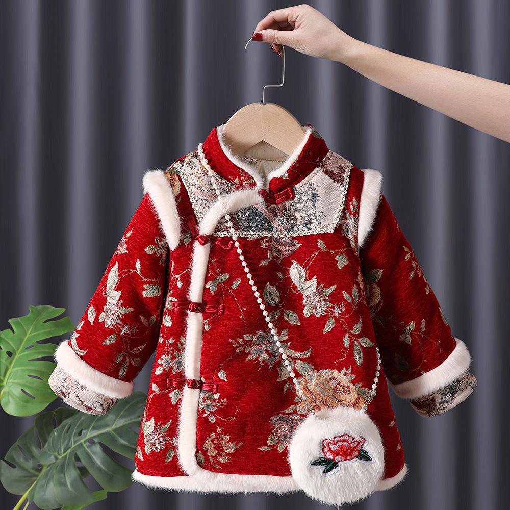 Winter Clothing Baby Girl - 冬の女の赤ちゃん韓服子供プリンセス唐チャイナ袍ドレス刺繍綿パッド子供赤新年服 Vestidos