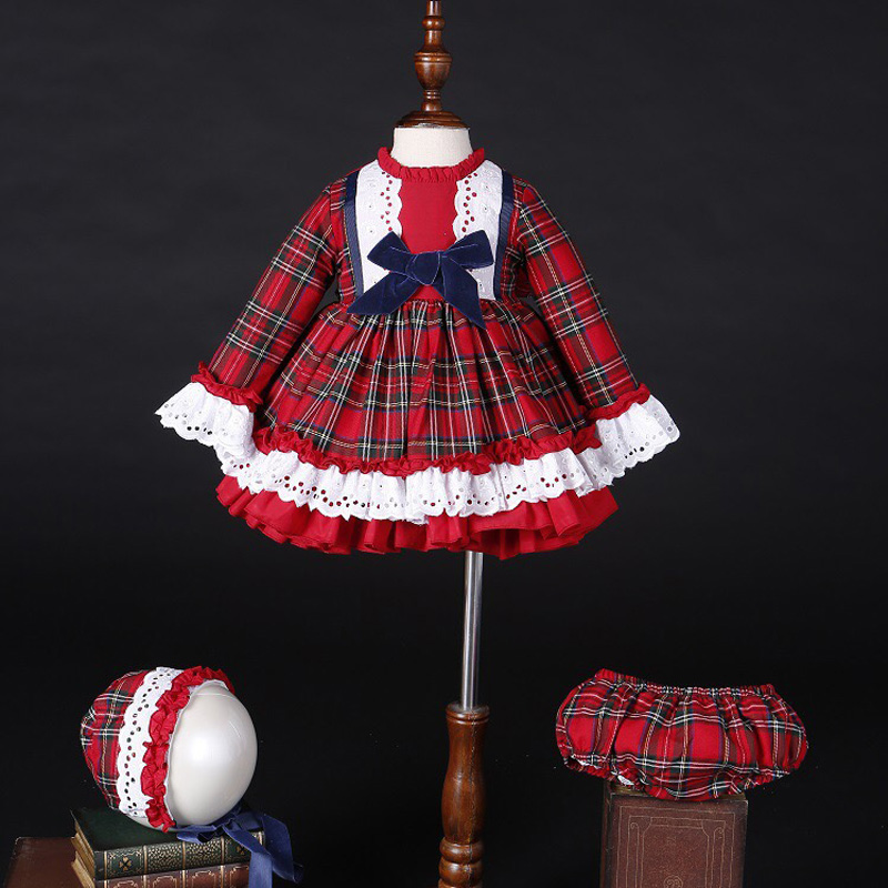 Winter Clothing Baby Girl - 女の赤ちゃん秋冬クリスマス赤チェック柄ヴィンテージスペインポンポンボールプリンセスドレス綿ロリータパーティー服帽子パンツ C5