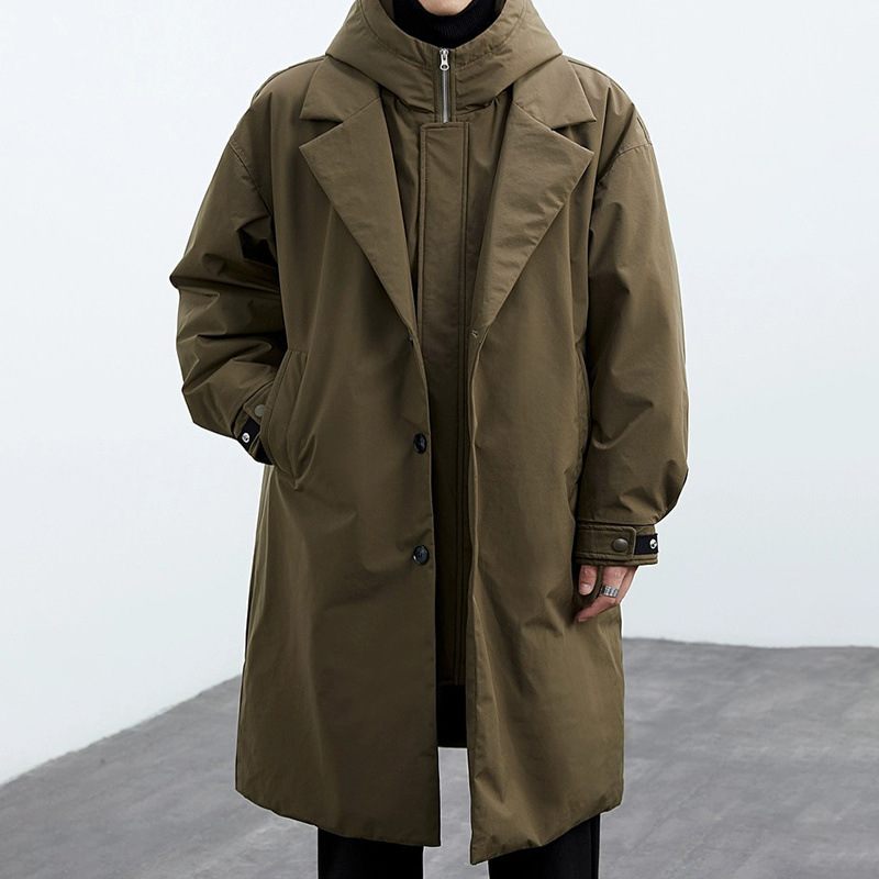 Winter Clothing Looks - 新しい冬の韓国スタイルメンズトレンディなパファールックフード付きミッドレングスコート男性服トレンチコートコート男性マント