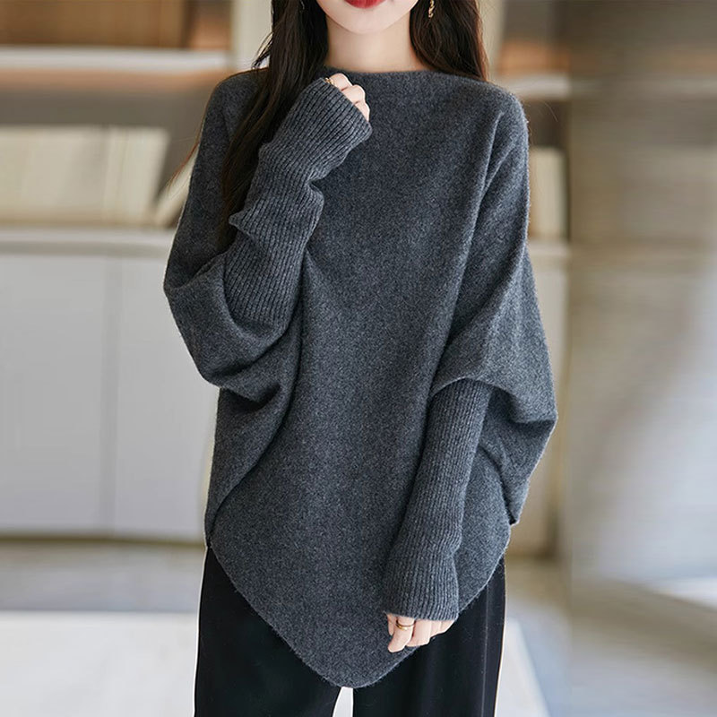 Winter Clothing Looks - 2025レイジーウィンドファイティングニットシャツ レディース秋冬服 新作ルーズイレギュラーバットスリーブセーター 着痩せトップス
