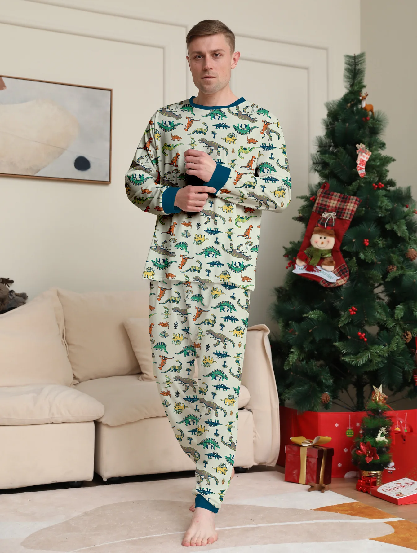 Winter Clothing Looks - 2026年新作 恐竜柄クリスマスパジャマセット かわいいゆったりデザイン ママ・パパ・キッズお揃い服 2ピーススーツ クリスマスファミリールック
