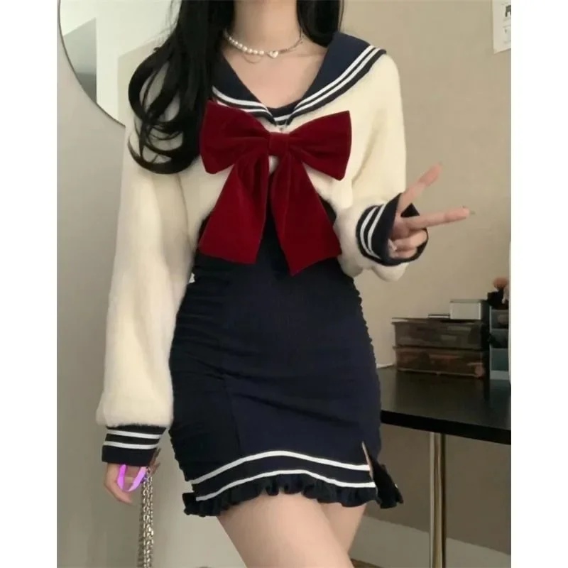♥   2026 新しい秋冬かわいいネイビーカラーリボンセー - Winter Clothing Looks のレビューと価格