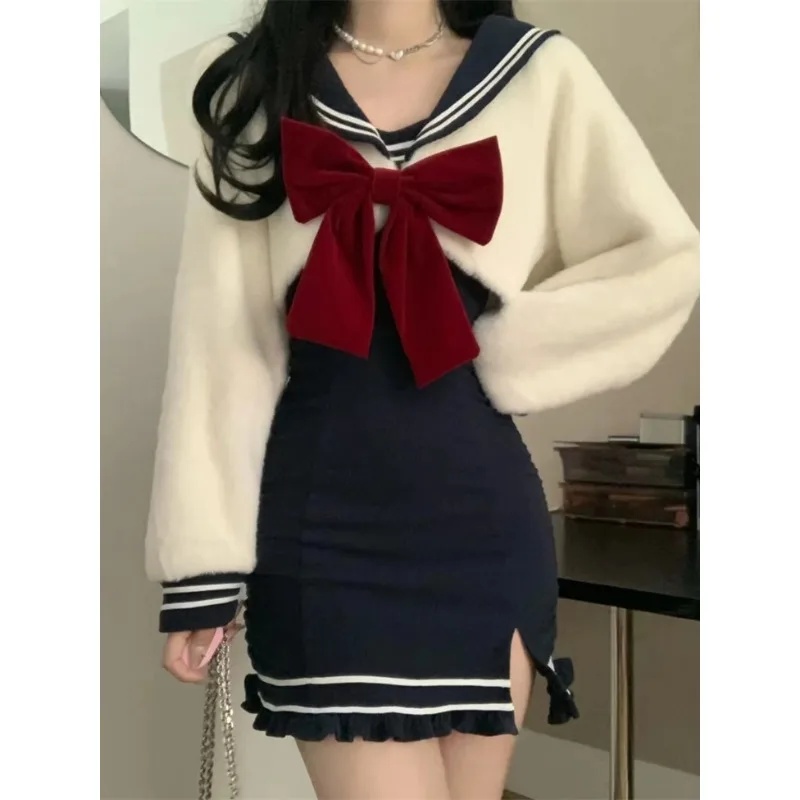 ♥   2026 新しい秋冬かわいいネイビーカラーリボンセー - Winter Clothing Looks のレビューと価格