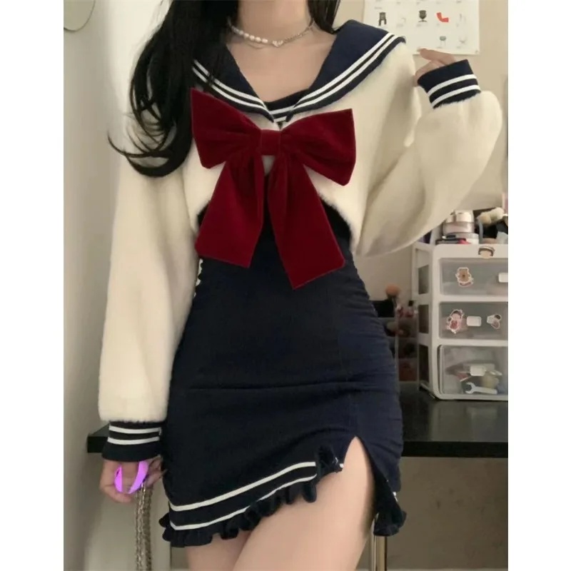 ♥   2026 新しい秋冬かわいいネイビーカラーリボンセー - Winter Clothing Looks のレビューと価格